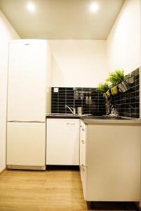 a kitchen with a white refrigerator and a sink at Pokoje Stare Miasto in Krakow