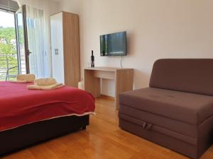 Vrnjačka Banja的住宿－Happy，一间卧室配有一张床、一把椅子和电视