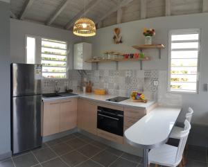 a kitchen with a stainless steel refrigerator and a table at Les Lausianes in Gros-Morne
