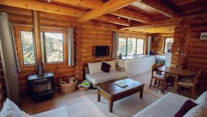 Sala de estar de una cabaña de madera con fogones en Mt Lyford Holiday Homes, en Mt Lyford