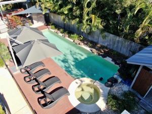an overhead view of a swimming pool with chairs and an umbrella at The Byron Beachcomber in Byron Bay