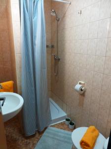 ein Badezimmer mit Dusche und Waschbecken in der Unterkunft Ubytovanie na Frantšachte in Banská Štiavnica