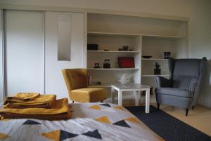 een slaapkamer met een bed, een stoel en een tafel bij B&B d'Olle Saks in Eext