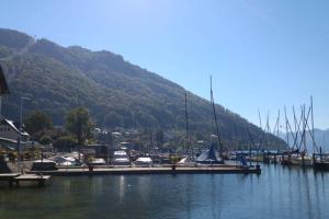a marina with boats in the water and a mountain at Altstadtwohnung Gmundnerberg m. Traunseeblick 1B in Gmunden