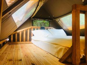 ein Schlafzimmer mit einem Bett in einem Zelt in der Unterkunft Глемпінг Шатро in Ulʼyaniki