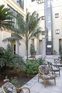 un patio con sillas y una palmera y un edificio en Palazzo Serraino, en Trapani