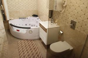 a bathroom with a tub and a toilet in it at Vila Romnesa in Ignalina