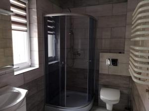 La salle de bains est pourvue d'une douche, de toilettes et d'un lavabo. dans l'établissement Hotelik Neptun, à Ustronie Morskie