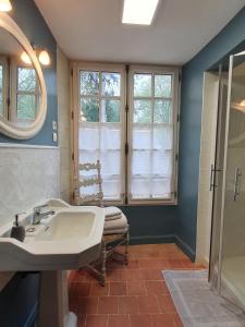 Manoir du Bellay في مونتري-بيلاي: حمام مع حوض ومرآة وكرسي