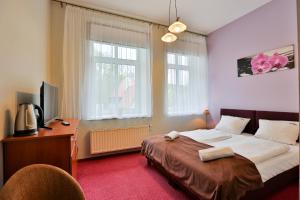 Un dormitorio con una cama, un escritorio y un televisor. en Sunvita, en Lądek-Zdrój