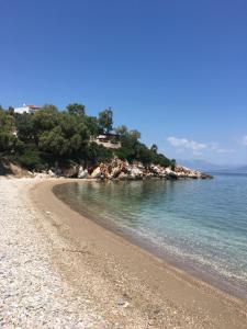 a beach with a house on a hill next to the water at Eratous Seaside House in Varnávas