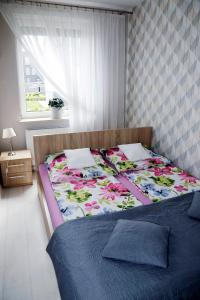 - un grand lit dans une chambre avec fenêtre dans l'établissement Apartament Teresa w Uniejowie, à Uniejów