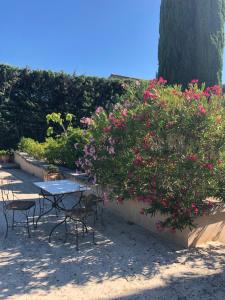 a table and chairs in a garden with flowers at Apartement Les Alpilles in Eygalières