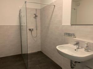 a bathroom with a sink and a glass shower at Ferienhaus Fegebank in Nienhagen in Nienhagen +16 photos