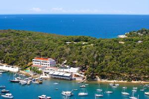 an aerial view of a harbor with boats in the water at Ribarska Koliba Resort in Pula