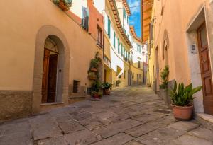 eine Gasse in einer Altstadt mit Topfpflanzen in der Unterkunft Il Cuore di Chiusi - Autentica Casa in Toscana in Chiusi