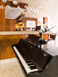 a black piano sitting on top of a table at Ribarska Koliba Resort in Pula