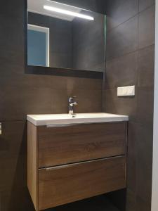 a bathroom with a sink and a mirror at Studio Zwin 9 in Zoutelande +5 photos