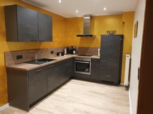 een keuken met grijze kasten, een wastafel en een fornuis bij Haus Monika in Zeltingen-Rachtig