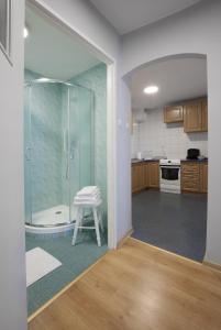 a bathroom with a shower and a stool in a kitchen at Mieszkanie w Kamienicy in Pasłęk