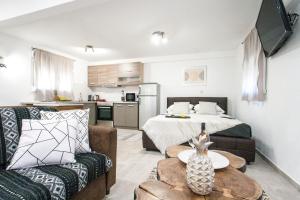 pequeña sala de estar con cama y cocina en Bohemian Townhouse, en Skiathos