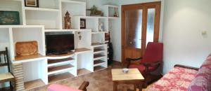 sala de estar con estanterías blancas y TV en Ático-Duplex Basa la Mora, en Saravillo