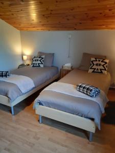 1 dormitorio con 2 camas y techo de madera en B&B Circuitez-vous, en Stavelot