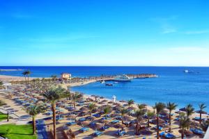 a beach with chairs and palm trees and the ocean at Pickalbatros Aqua Park Resort - Hurghada in Hurghada