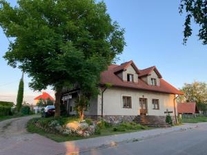 a house with a tree on the side of a street at Agroturystyka u Królów in Nowe Guty