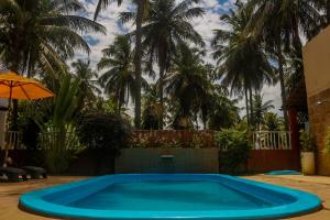 a blue swimming pool in a yard with palm trees at Pousada Recanto dos Milagres in São Miguel dos Milagres