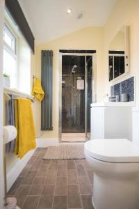 a bathroom with a shower and a toilet in it at Nesscliffe in Llangollen