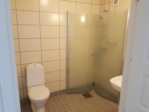 a bathroom with a toilet and a shower and a sink at Bech's Hotell & Camping in Mo i Rana +11 photos