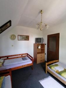 タポルツァにあるMalomtavi Vendégházのベッドルーム1室(ベッド2台、壁掛け時計付)