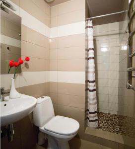 La salle de bains est pourvue de toilettes et d'un lavabo. dans l'établissement Апартаменти на площі Митній в центрі Львова, à Lviv