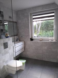 a bathroom with a toilet and a sink and a window at Berneński Zakątek in Charzykowy