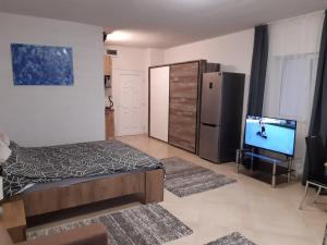 a bedroom with a bed and a flat screen tv at Mira apartman Queen lakosztály in Debrecen