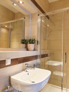 La salle de bains est pourvue d'un lavabo blanc et d'une douche. dans l'établissement visit baltic - na Platanie, à Świnoujście