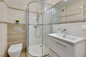 a bathroom with a shower and a sink and a toilet at TriApart Amber Jantar III in Jantar