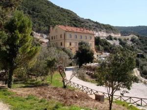 a large building on a hill with trees in front of it at Student's Hostel Gowett in Campiglia Marittima