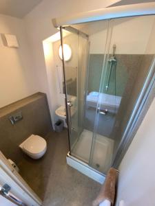 a bathroom with a glass shower and a toilet at Hörgsland Guesthouse in Hörgsland +17 photos
