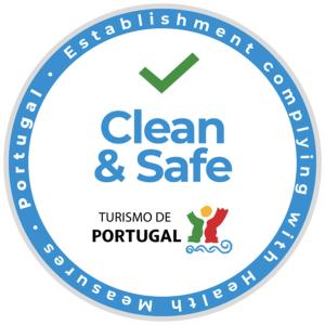 a blue clean and safe logo on a white background at WW Hostel & Suites in Coimbra