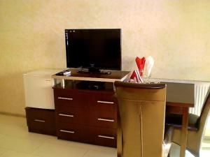 a desk with a television on top of a wooden dresser at Pensiunea Maria Teodora in Eşelniţa