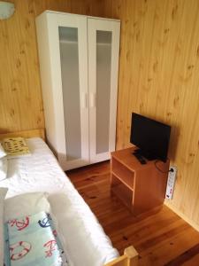 1 dormitorio con 1 cama y TV en una mesa en Domki Abiga, en Sianożęty