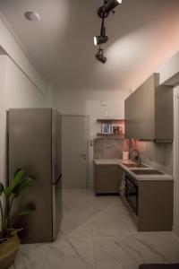 eine Küche mit einem Kühlschrank aus Edelstahl und einer Spüle in der Unterkunft live it _ Karditsa in Kardítsa