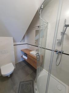 La salle de bains est pourvue d'une douche, de toilettes et d'un lavabo. dans l'établissement Agroturystyka Na Szlaku, à Święta Katarzyna