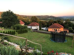 a view of a garden with a trampoline at Haus Am Wald in Wasungen