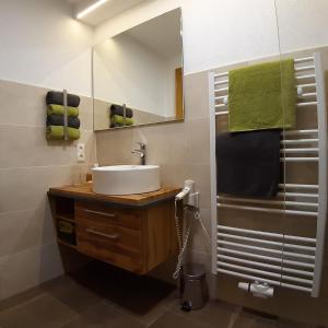 a bathroom with a sink and a mirror and a shower at Haus Waldfriede in Sankt Leonhard im Pitztal +80 photos