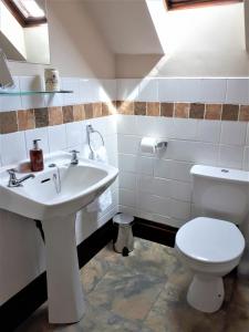 La salle de bains est pourvue d'un lavabo blanc et de toilettes. dans l'établissement Corsewall Arms Guest House, à Stranraer