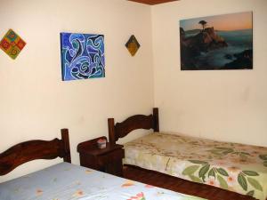1 Schlafzimmer mit 2 Betten und Wandmalereien in der Unterkunft Casa das dálias in Monte Verde
