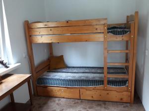 - łóżko piętrowe z drabiną w pokoju w obiekcie Chata Białobrzeg w mieście Białobrzeg Dalszy